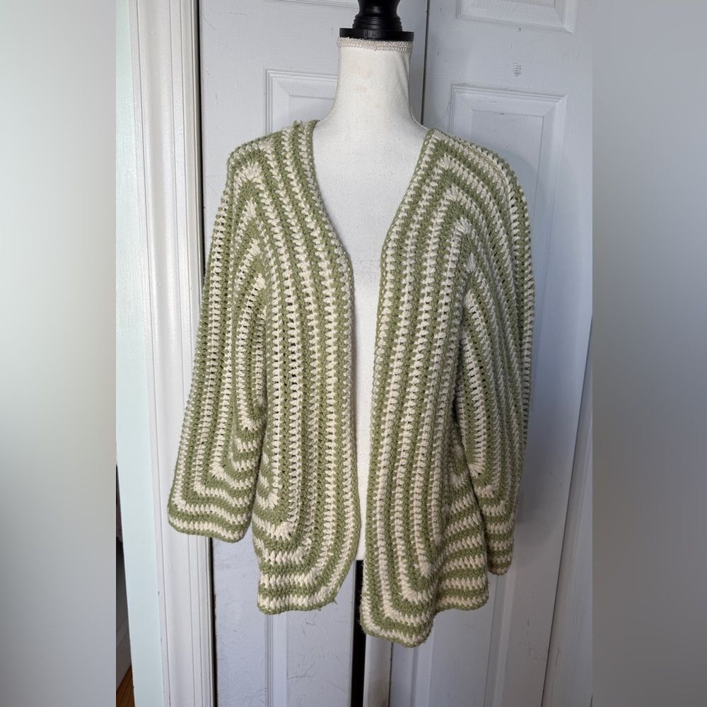 Silveria Hand Knitted Crochet Cardigan In Soft Green and Cream